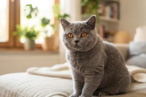 Голубой британский кот сидит на диване в светлой комнате