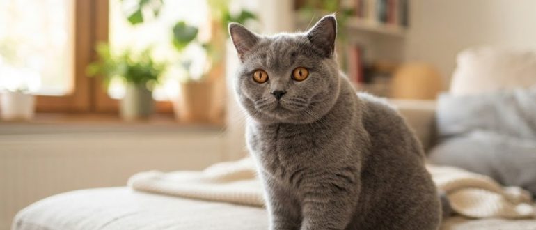 Голубой британский кот сидит на диване в светлой комнате